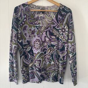 TALBOTS Pure Italian Merino Wool Long Sleeve Top Floral Purple Paisley Sz Medium